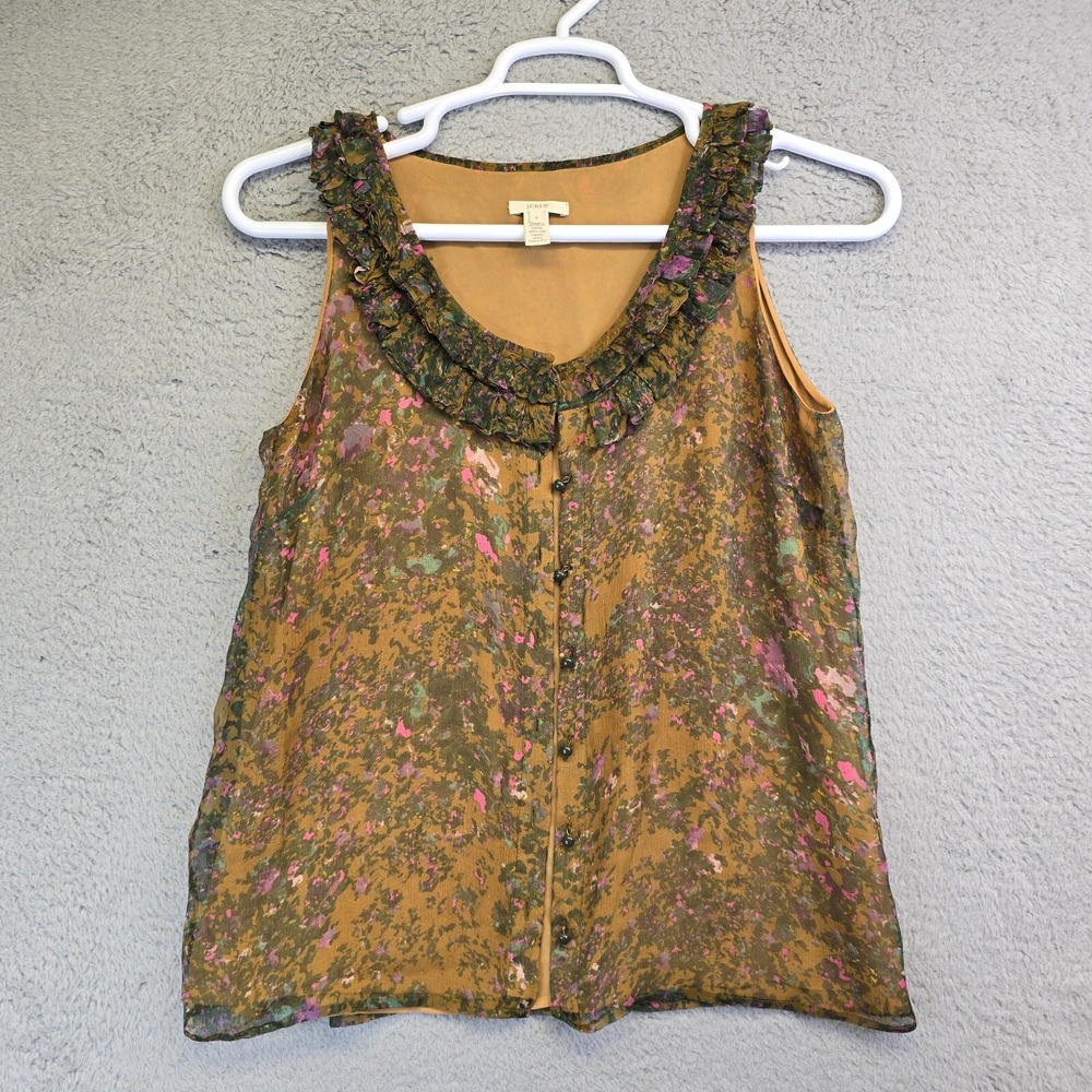 J.Crew Silk Top Women's Size 6‎ Green Floral Button Up Fairy Chiffon Ruffle